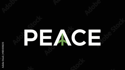 Bold white text spelling PEACE with a green peace symbol integrated into the design against a