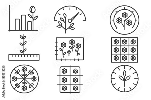 Plant Metric Icons. Line style icons of plant cluster metrics: bud density chart, branching ratio gauge, inflorescence count dial,