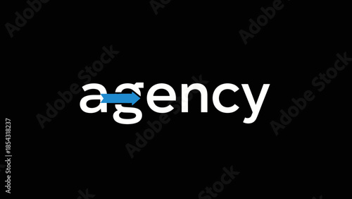 Bold white typography spelling Agency with a striking blue arrow integrated seamlessly into the word