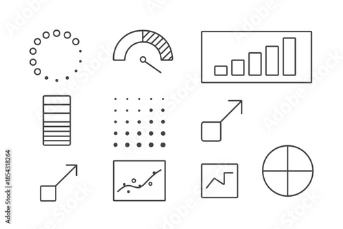 Line Style Icons. Line style icons of visual progress indicators: dot-matrix ring, patterned arc dial, tonal balance bar, gradient