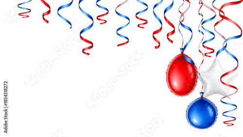 Patriotic red white blue balloons and ribbon streamers corner border with copy space isolated on transparent background