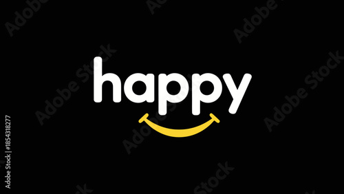 Clean and minimalist text graphic representing the word happy with a smiling mouth