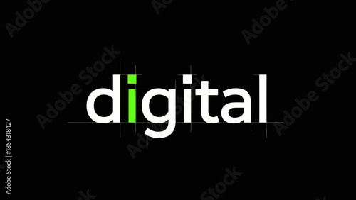 Crisp typography with a vibrant green accent spells out digital innovation on a dark background