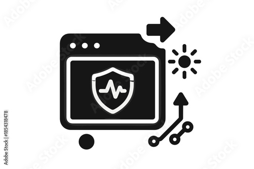 Protected System Icons. Solid style icons of protected prompt systems: popup window, shield symbol, glowing border, pulse line,
