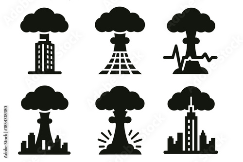 Mushroom Cloud Skyscrapers. Solid style icons of mushroom cloud skyscrapers: towering building, mushroom cap top, smoke plume,