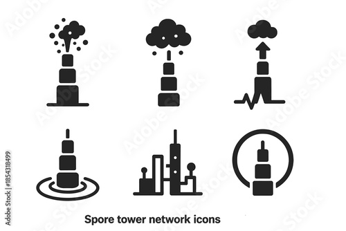 Spore Network Icons. Solid style icons of spore tower networks: vertical structure, spore cloud, upward flow, pulse line, motion