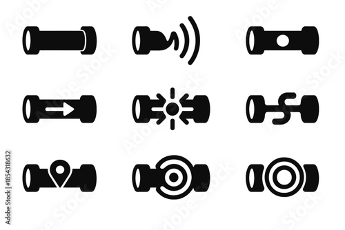 Conduit Signal Icons. Solid style icons of conduit with frequency waves: pipe outline, waveform signal, pulse dot, directional