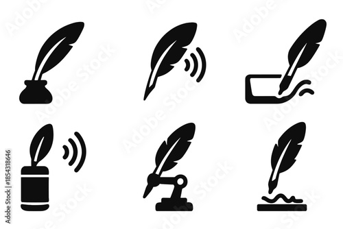 Feather Vibration Tools Icons. Solid style icons of feather vibration tools: quill resonator, frequency feather, wave transmitter,