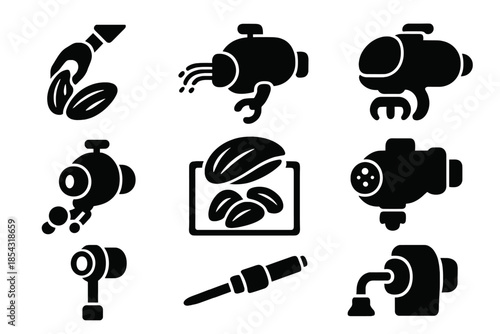 Mussel Adhesion Submarines. Solid style icons of mussel adhesion submarines: shell attachment arm, bio-silk extruder, underwater