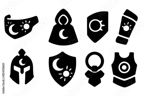 Celestial Protection Gear Icons. Solid style icons of moon-sun protection gear: solar flare visor, lunar reflection cape, eclipse