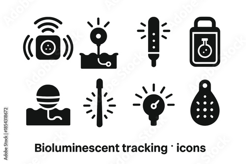 Bioluminescent Tracking Devices. Solid style icons of bioluminescent tracking devices: light pulse transponder, ocean signal node,