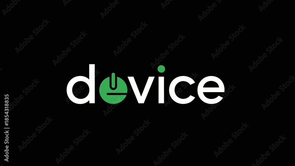 Obraz premium Minimalist white text 'device' with green power icon on black background