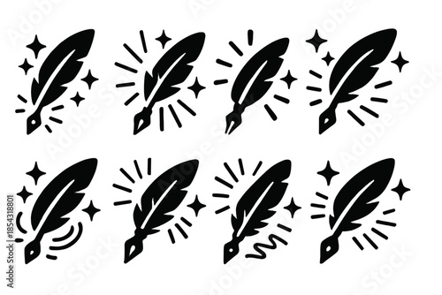 Starlight Quill Icons. Solid style icons of a trembling quill powered by starlight: shining feather pen, radiant ink tremor,