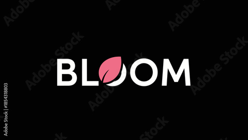 Minimalist White Bloom Wordmark With Pink Leaf Accent on Black Background