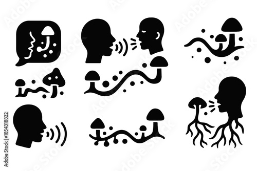 Mystical Fungal Soundscape. Solid style icons of a mystical voice path with fungus: spore-lit sound path, glowing vocal trail,