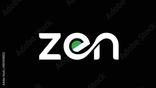 Minimalist white text logo zen with green circle on black background