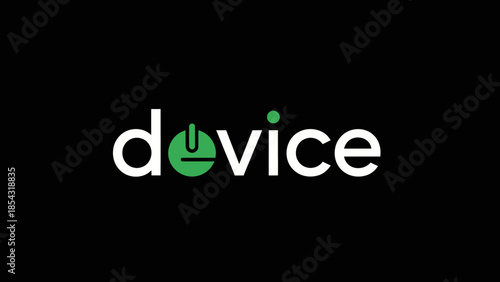 Minimalist white text 'device' with green power icon on black background