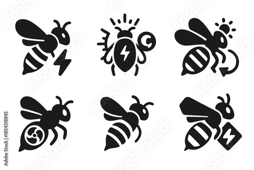 Dynamic Insect Energy. Solid style icons of an insect creating energy with perspective shift: dynamic wing-plane bee,