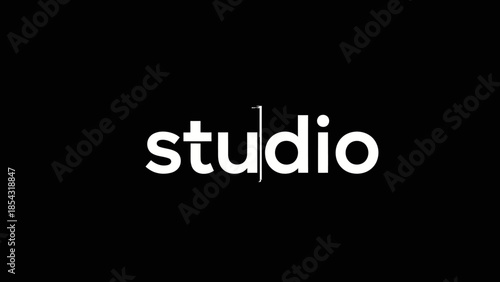 minimalist white typography spelling studio on a stark black background
