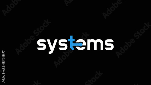 Modern abstract representation of the word systems in white and blue on a black background