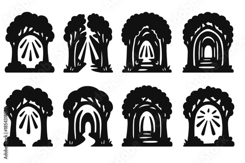 Radiant Forest Passage. Solid style icons of radiant woodland passages: glowing grove entrance, light-beam path, forest arch