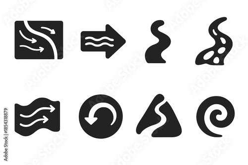 Hydrodynamic Path Icons. Solid style icons of hydrodynamic path markers: river current map, flow-based direction sign,