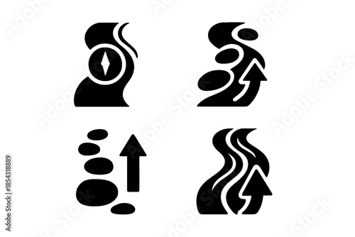 Flowing Rock Compass. Solid style icons of a flowing rock direction finder: river compass trail, current-guided pebbles,