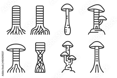 Mycelium High-Rise Icons. Line style icons of mycelium high-rises: root-linked column, networked tower base, living stem shaft,