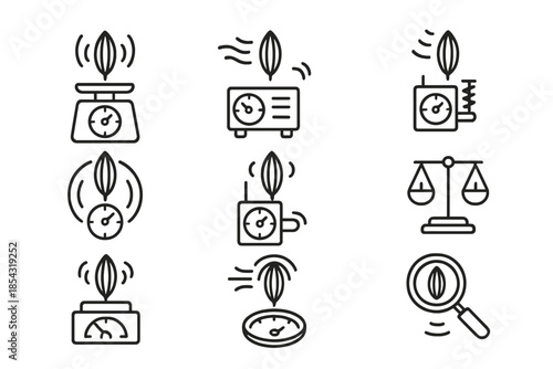 Seed Measurement Icons. Line style icons of floating seed measurement: airborne weight gauge, wind lift sensor, filament drag