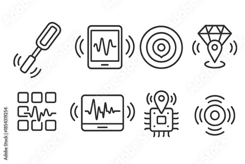 Vibration Detection Icons. Line style icons of vibrating discovery systems: oscillating finder tool, frequency scan pad, vibration