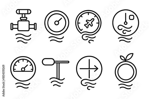 Motion Controller Icons. Line style icons of lightweight motion controllers: air lift regulator, floating stability dial, flight