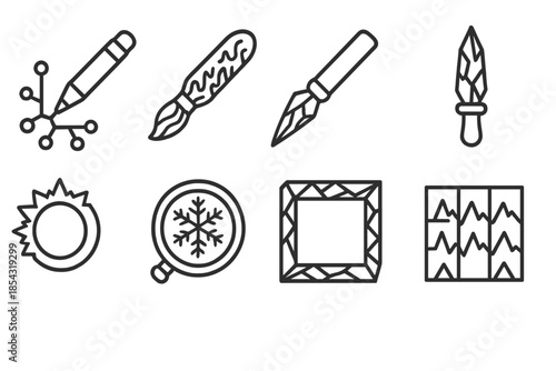 Glacial Artistry Tools Icons. Line style icons of glacial artistry tools: ice pen node, frozen pattern brush, frost blade stylus,