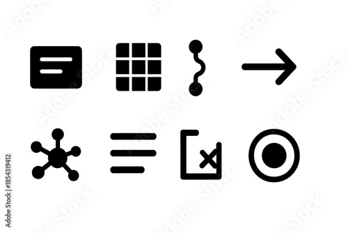 Linguistic Icons Collection. Solid style icons of base linguistic frameworks: text block, structural grid, pulse dot, directional