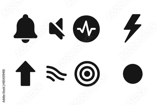 Subtle Alert Icons. Solid style icons of subtle alert systems: notification icon, muted waves, pulse circle, energy streak,