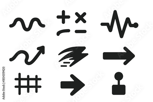 Flow Pattern Icons. Solid style icons of flow pattern equations: wave line, mathematical symbols, pulse dot, flow path, energy