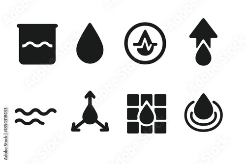 Liquid Indicator Icons. Solid style icons of liquid element indicators: column silhouette, drop symbol, pulse circle, directional