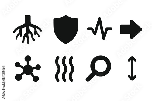 Armor System Icons. Solid style icons of armor system plant study: plant roots, shield icon, pulse line, directional arrow, energy