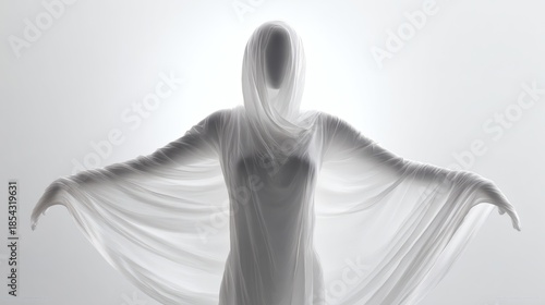 Ethereal silhouette figure behind flowing fabric in white abstract light