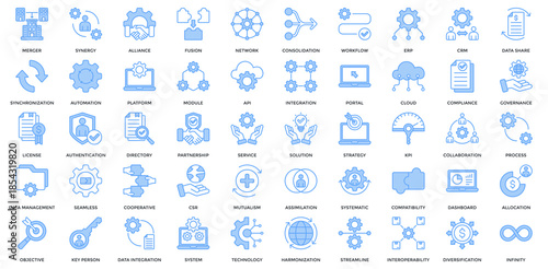 Business Integration icon set. Containing merger, synergy, alliance, network, workflow, ERP, CRM icon. Lineal Blue style