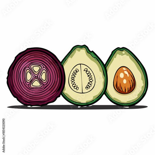Illustration of Onion and Avocado Halves.