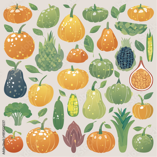 Assorted Fruits and Vegetables Illustration.