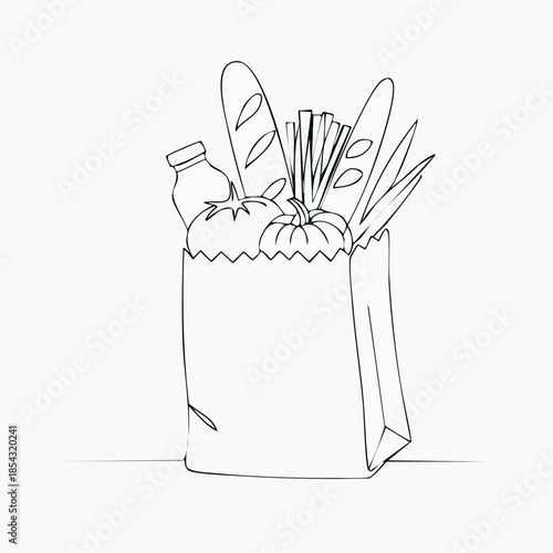 Simple Line Drawing of Grocery Bag Contents.