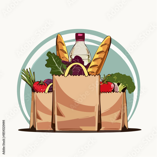 Grocery bags filled with fresh produce and bread.