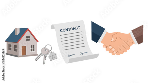 Real estate contract and house with handshake and keys