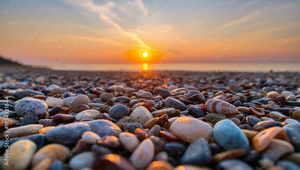 Obraz premium Pebbles on the Shoreline at Sunset, A Colorful and Textural Composition.