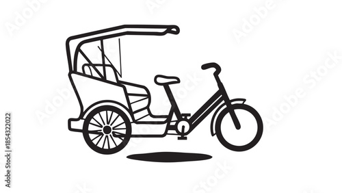 A black and white illustration of a rickshaw parked on a plain white background from a side viewpoint