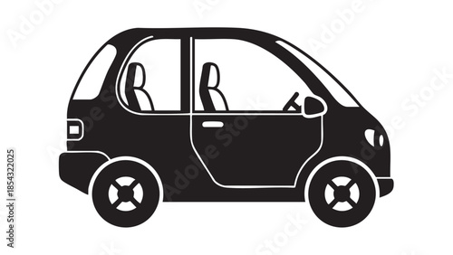 Simplified illustration of a compact car viewed from the side showcasing its sleek design and minimalistic features in a clean white background