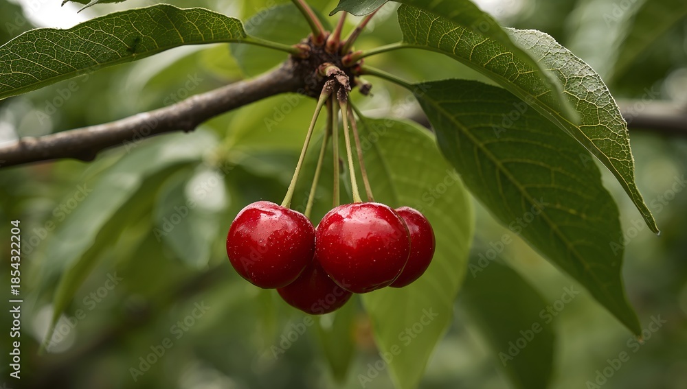 Obraz premium Ruby Spheres Amidst Verdant Canopy Natures JewelToned Still Life in Macro Focus.