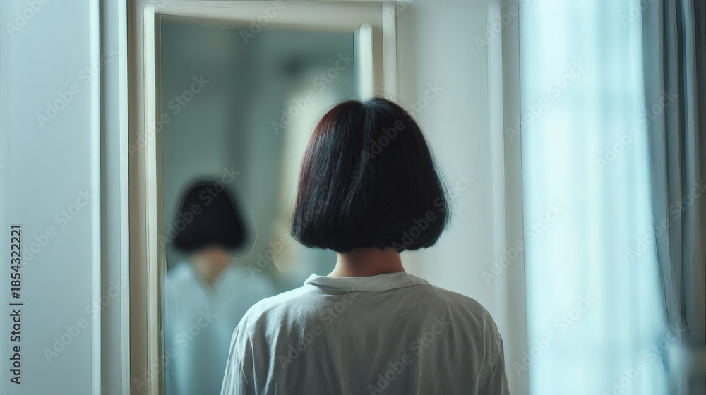 Obraz premium Woman view mirror reflection in doorway for identity and self concept