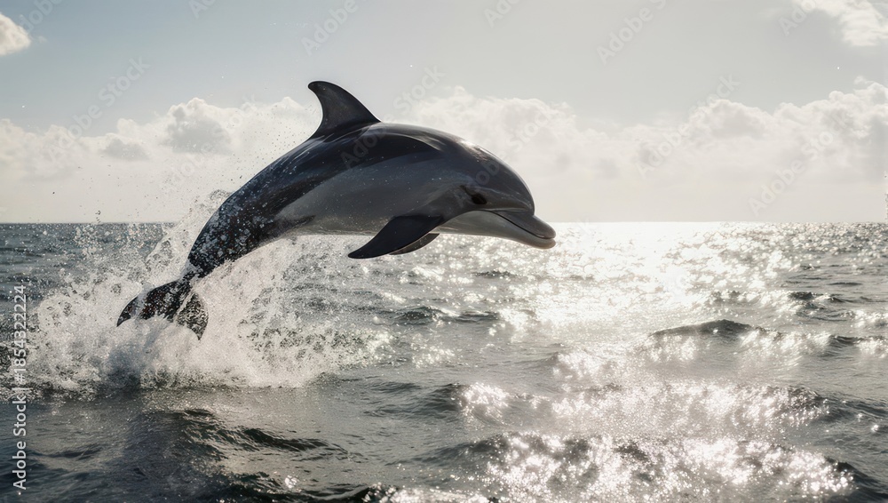 Fototapeta premium Dolphin leaping out of the ocean water during daytime.